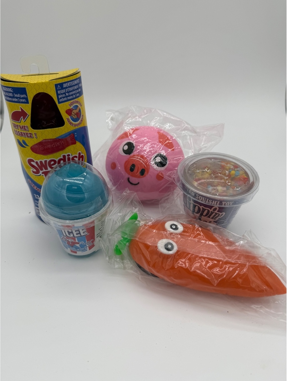 Huge Squishy Fidget Toy Lot 5pc Scented Swedish Fish ICEE Slime Dippin Dots Pig